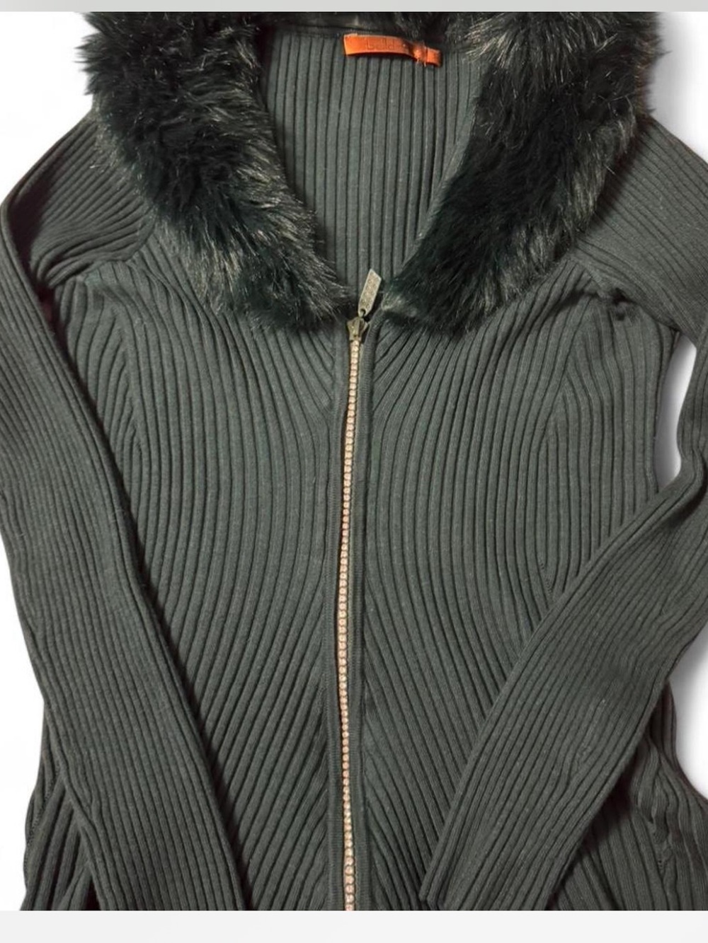 Belldini Forest Green Ribbed Zip Cardigan with Faux Fur Trim